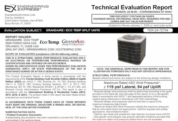 GrandAire / Eco Temp: Split System Units Technical Evaluation Report 2023 Update