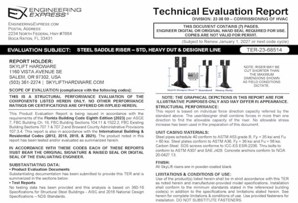 Skylift Hardware: Steel Saddle Riser - Standard, Heavy Duty, And Designer Line Technical Evaluation Report