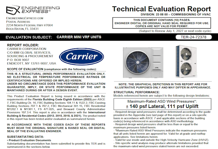 Carrier Mini VRF Models Units Technical Evaluation Report