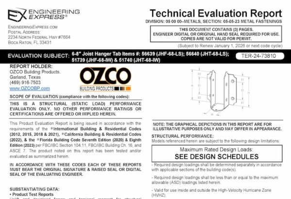 OZCO: 6-8" Joist Hanger Tab Item #’s 56639, 56640, 51739, And 51740 Performance Evaluation Report 2023 Update