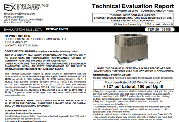 BHC Residential and Light Commercial: Respac Units Technical Evaluation Report