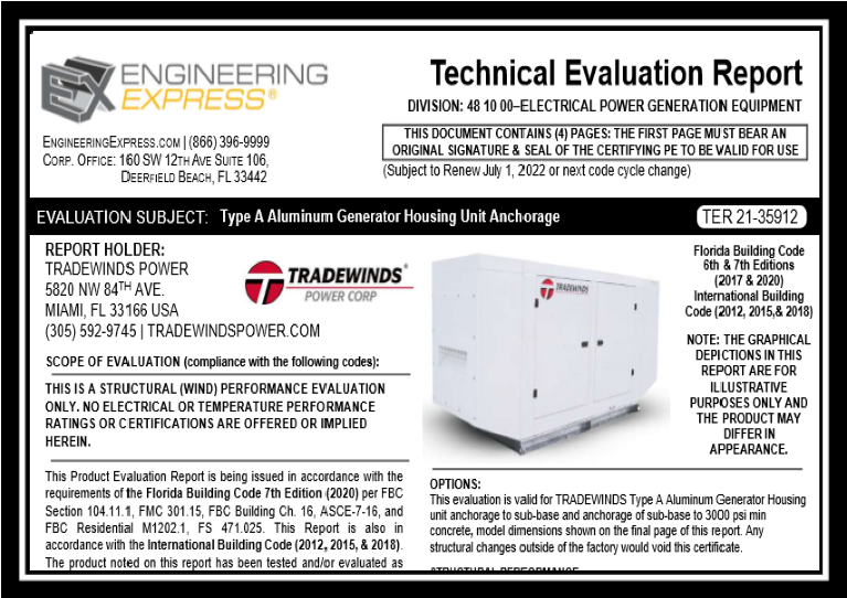Tradewinds: Type A Aluminum Generator Housing Unit Anchorage (TER 21-35912)