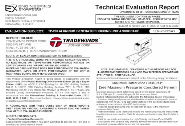 Tradewinds: TP-200 Aluminum Generator Housing Unit Anchorage.