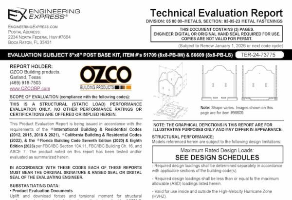 OZCO: 8 x 8 Post Base Kit Item #'s: 56609 And 51709 Technical Evaluation Report 2023 Update