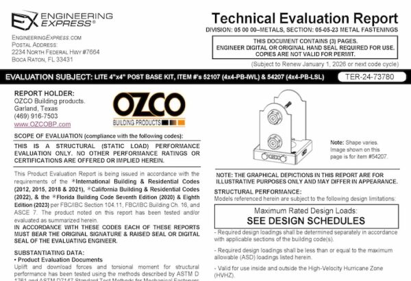 OZCO: Lite 4 x 4 Post Base Kit #'s: 52107 And 54207 Technical Evaluation Report 2023 Update