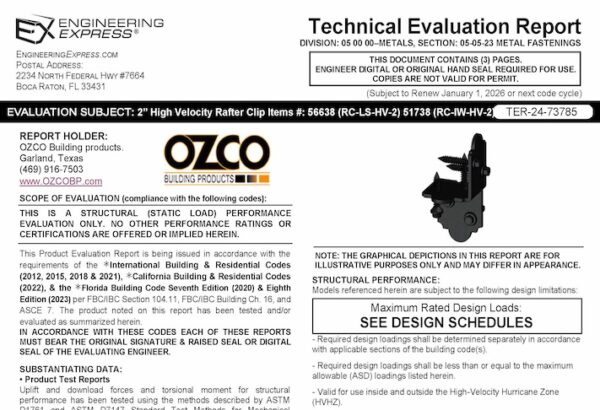 OZCO: 2" High Velocity Rafter Clips Items #'s 51738 And 56638 Technical Evaluation Report 2023 Update