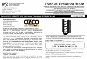 OZCO: 8-10" Joist Hanger Flush Item 51770 (JHF-810-IW) Technical Evaluation Report 2023 Update