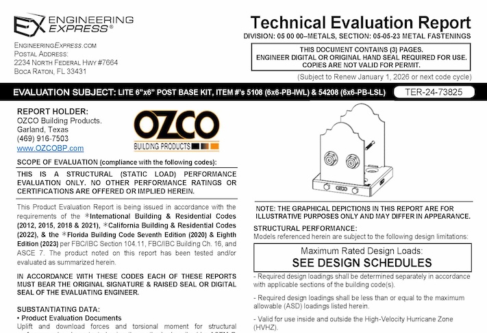 OZCO: 6 x 6 Post Base Items #'s: 54208 And 52108 Technical Evaluation Report 2023 Update