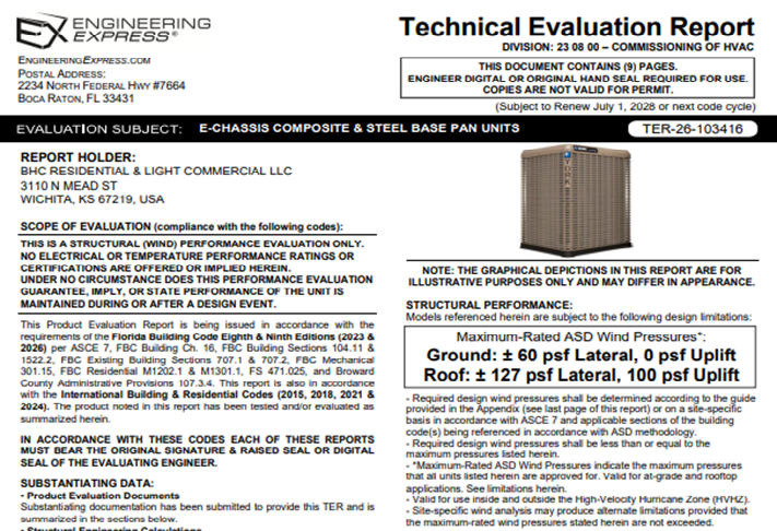BHC Residential and Light Commercial: E-Chassis Composite And Steel Base Pan Units Technical Evaluation Report