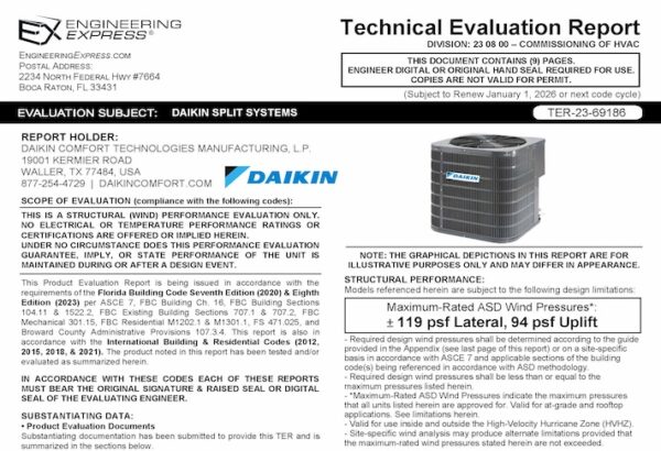 DAIKIN: A/C Split System Units Technical Evaluation Report 2023 Update