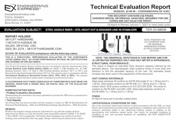Skylift Hardware: Steel Saddle Riser – Standard, Heavy Duty, And Designer Line With Straps Technical Evaluation Report