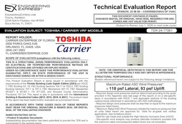 Carrier: Toshiba / Carrier VRF Units Technical Evaluation Report 2023 Update