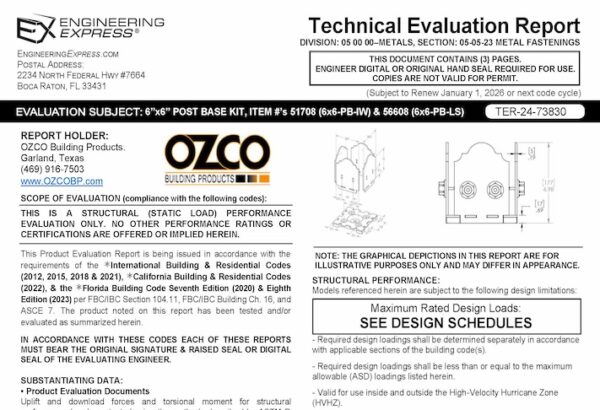 Ozco: 6 x 6 Post Base Kit Item #'s 51708 And 56608 technical evaluation report 2023 update