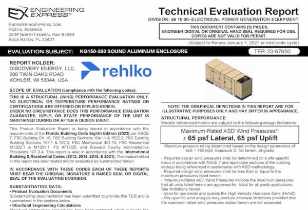 Rehlko: KG 150-200 Sound Aluminum Enclosure Technical Evaluation Report
