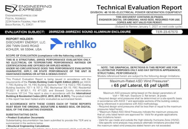 Rehlko: 250REZXB/300REZXC Sound Aluminum Enclosure Technical Evaluation Report