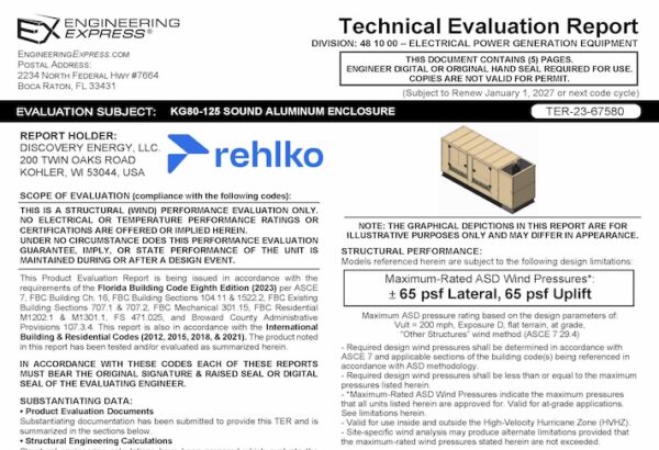 Rehlko: KG80-125 Sound Aluminum Enclosure Technical Evaluation Report