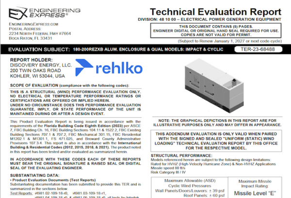 Rehlko: 180-200REZXB Sound Aluminum Enclosure And Qualifying Models Technical Evaluation Report