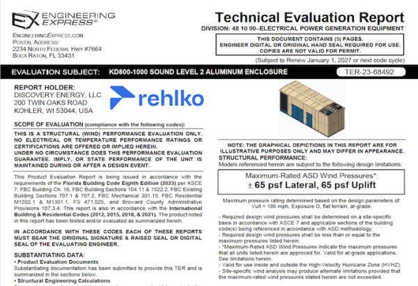 Rehlko: KD800-1000 Sound Level 2 Aluminum Enclosure Technical Evaluation Report