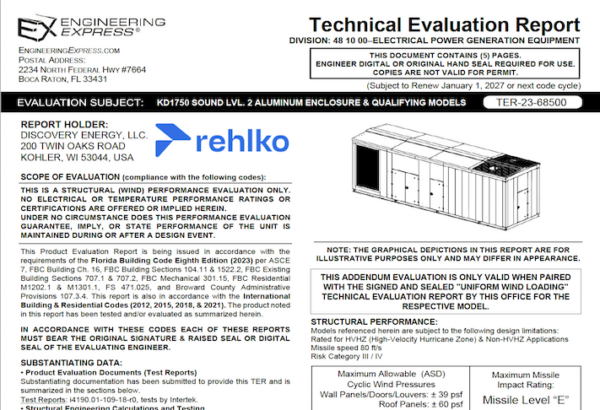 Rehlko: KD1750 Sound Level 2 Aluminum Enclosure And Qualifying Models Technical Evaluation Report