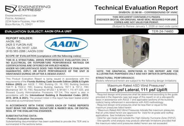 AAON: CFA-A Unit Technical Evaluation Report 2023 Update