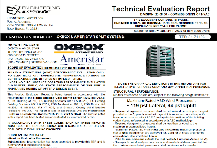 Oxbox And Ameristar: Split System Units Technical Evaluation Report