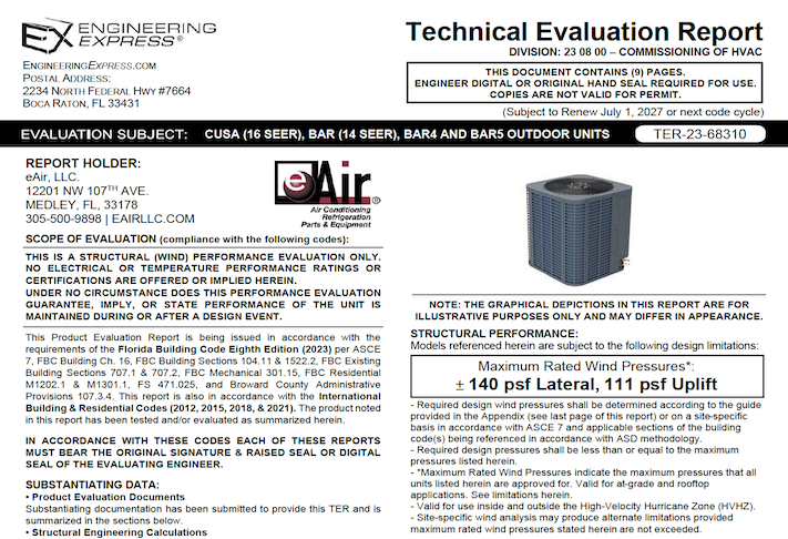 eAir: CUSA (16 SEER), BAR (14 SEER), BAR4 And BAR5 Outdoor Units Technical Evaluation Report