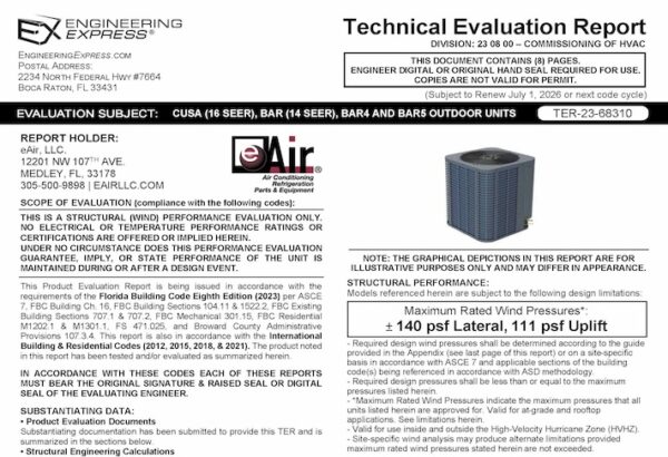 eAir: CUSA (16 SEER), BAR (14 SEER), BAR4 And BAR5 Outdoor Units Technical Evaluation Report 2023 Update