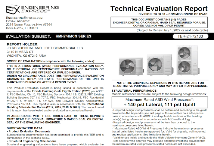 JC Residential and Light Commercial: HMH7 / HMCG Series Units Technical Evaluation Report