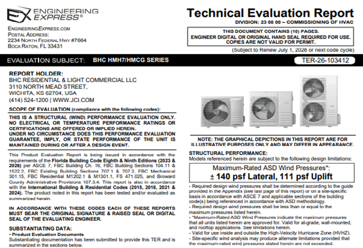 BHC Residential and Light Commercial: HMH7 / HMCG Series Units Technical Evaluation Report