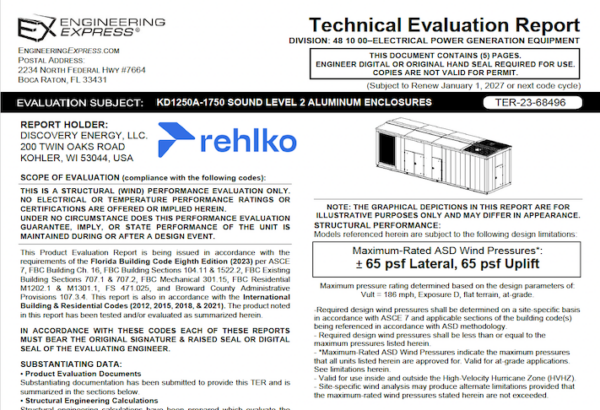 Rehlko: KD1250-1750 Sound Level 2 Aluminum Enclosure Technical Evaluation Report