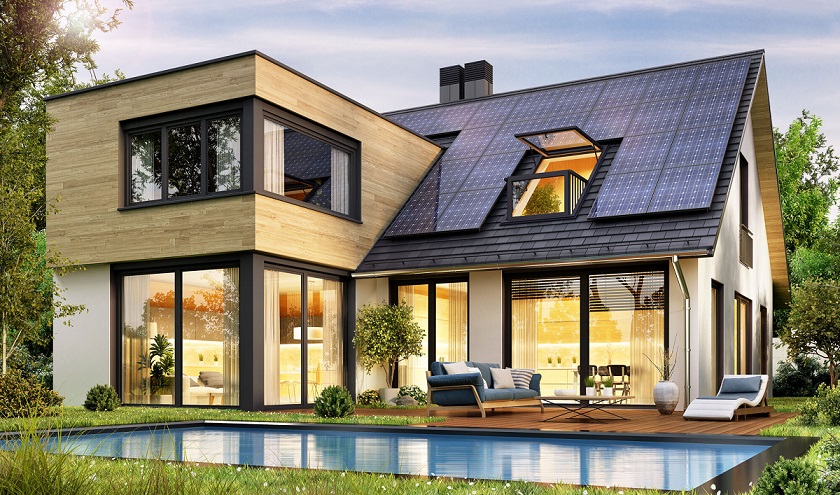 modern house with large windows and solar panels on the roof