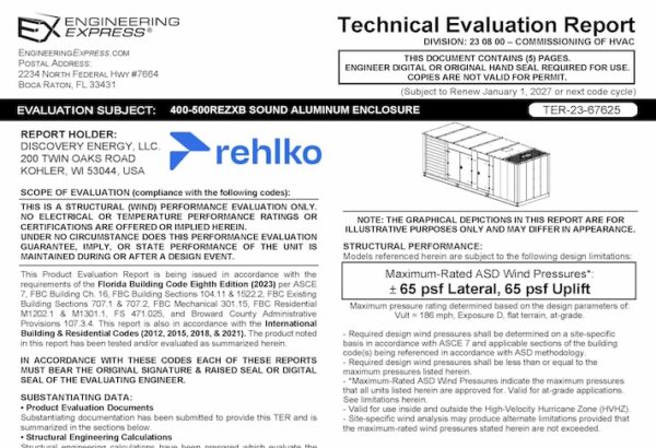 Rehlko: 400-450REZXB Sound Aluminum Enclosure Technical Evaluation Report