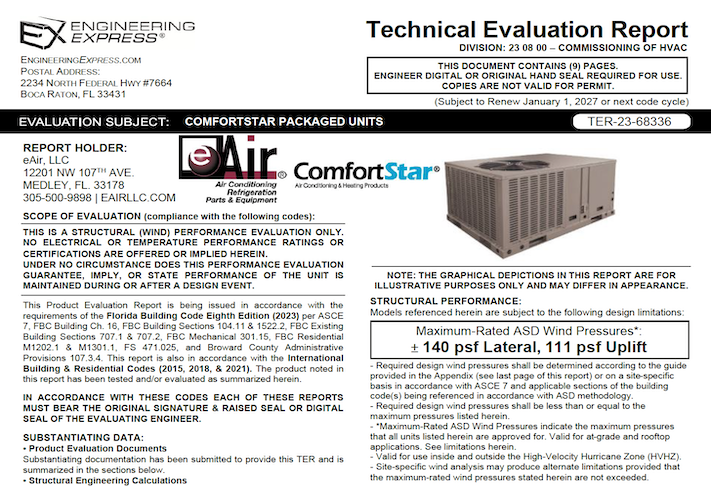 eAir: ComfortStar Packaged Units Technical Evaluation Report
