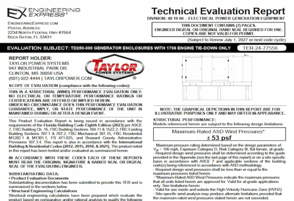 TPS: TD250-300 Generator Enclosures With 1706 Engine Technical Evaluation Report