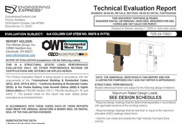 Hillman Group: 4 x 4 Column Cap (Item No. 56678 And 51778) Technical Evaluation Report 2023 Update