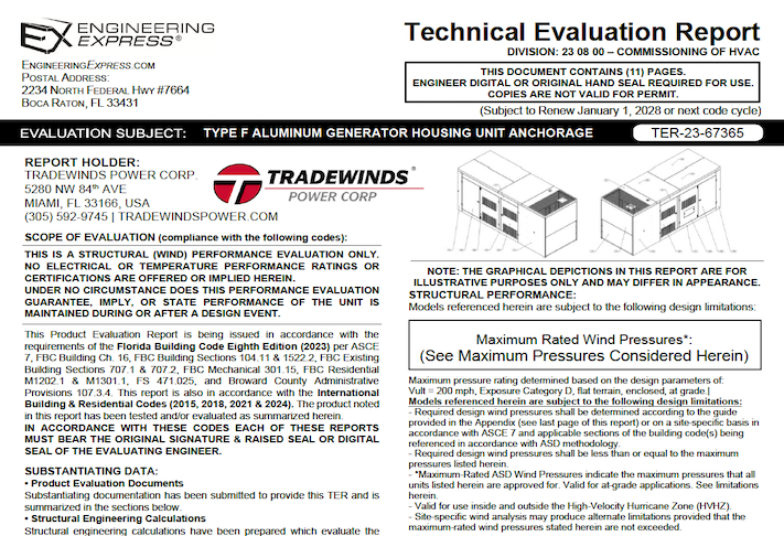 Tradewinds: Type F Aluminum Generator Housing Unit Anchorage Technical Evaluation Report