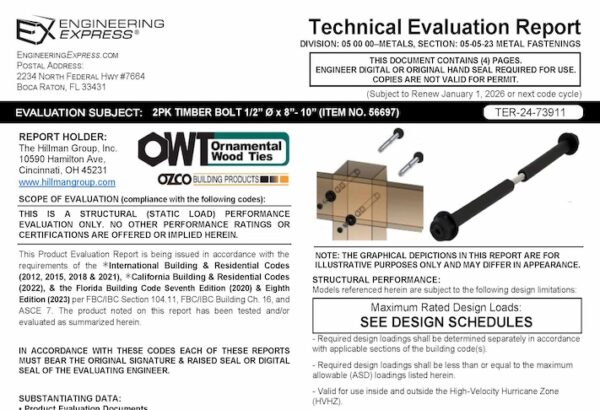 Hillman Group: 2PK Timber Bolt 1/2" x 8" -10" (Item No. 56697) Technical Evaluation Report 2023 Update