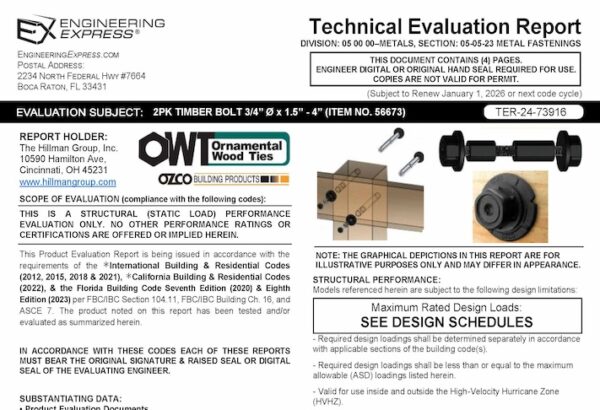 Hillman Group: 2PK Timber Bolt 3/4" x 1.5" - 4" (Item No. 56673) Technical Evaluation Report 2023 Update