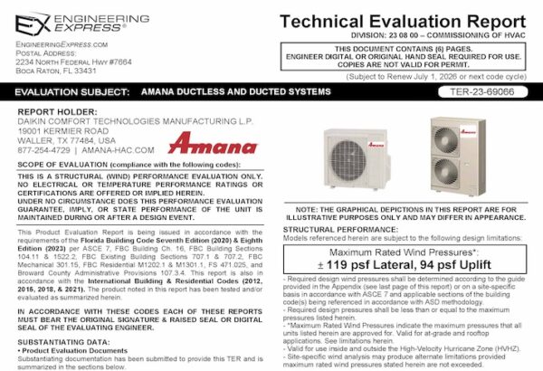 Amana: Ductless and Ducted System Technical Evaluation Report