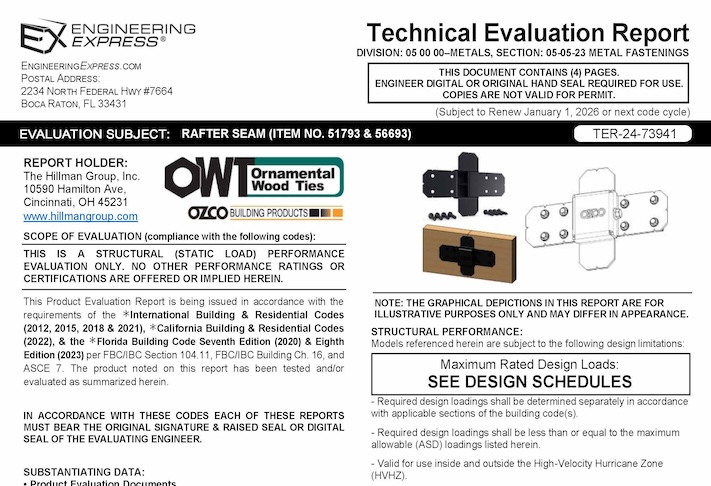 Hillman Group: Rafter Seam (Item No. 51793 And 56693) Technical Evaluation Report 2023 Update