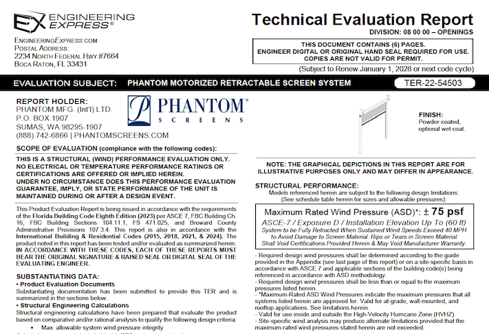 PHANTOM: Motorized Retractable Screen System (Surface Mount) Technical Evaluation Report