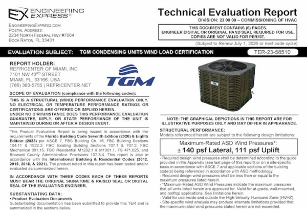 Refricenter of Miami: TGM 15 SEER Condensing Units Wind Load Certification Technical Evaluation Report 2023 Update