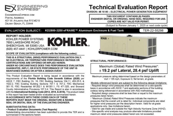 Kohler Power Systems: KD2800-3250 eFrame Aluminum Enclosure and Fuel Tank