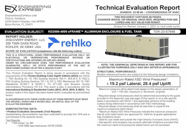Rehlko: KD2000-4000 eFrame Aluminum Enclosure and Fuel Tank Technical Evaluation Report