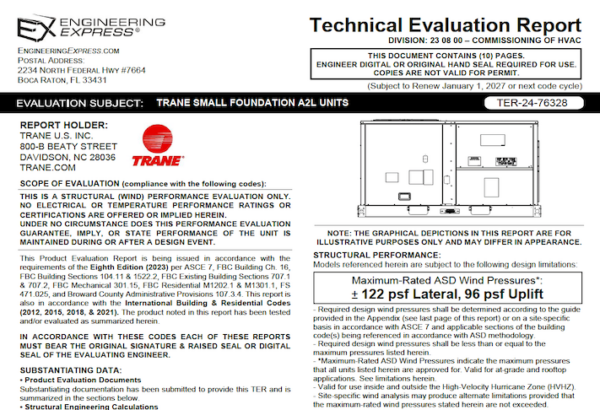 Trane: Small Foundation A2L Units Technical Evaluation Report