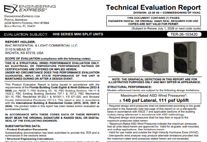 BHC Residential and Light Commercial: HH8 Mini Split Units Technical Evaluation Report