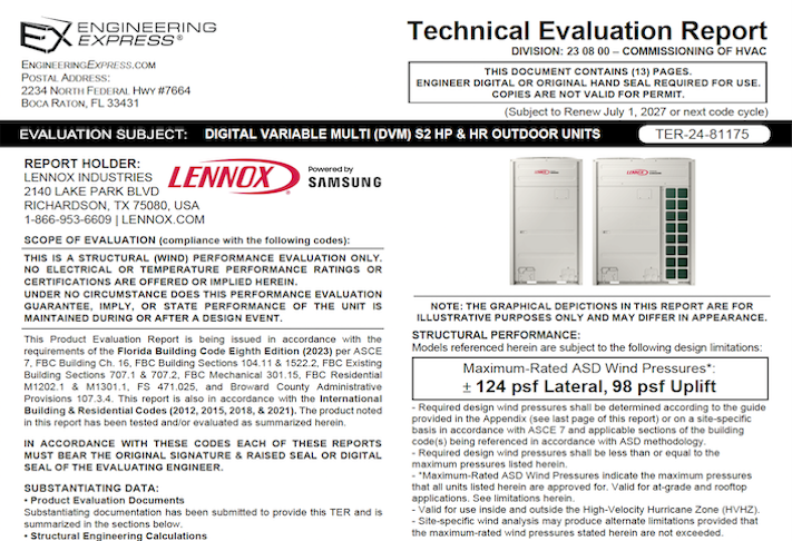 Lennox: Digital Variable Multi (DVM) S2 HP And HR Outdoor Units Technical Evaluation Report