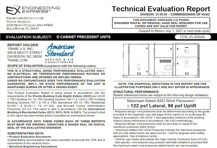 American Standard: Precedent D Cabinet Units Technical Evaluation Report