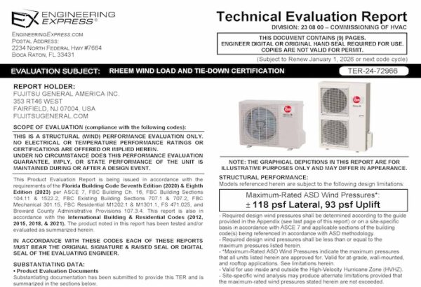 Rheem: Wind Load And Tie-Down Certification Technical Evaluation Report