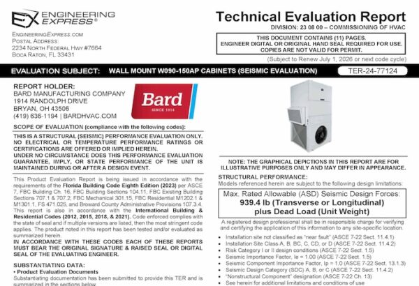 Bard: Wall-Mounted W090-150AP Cabinets (Seismic Evaluation) Technical Evaluation Report